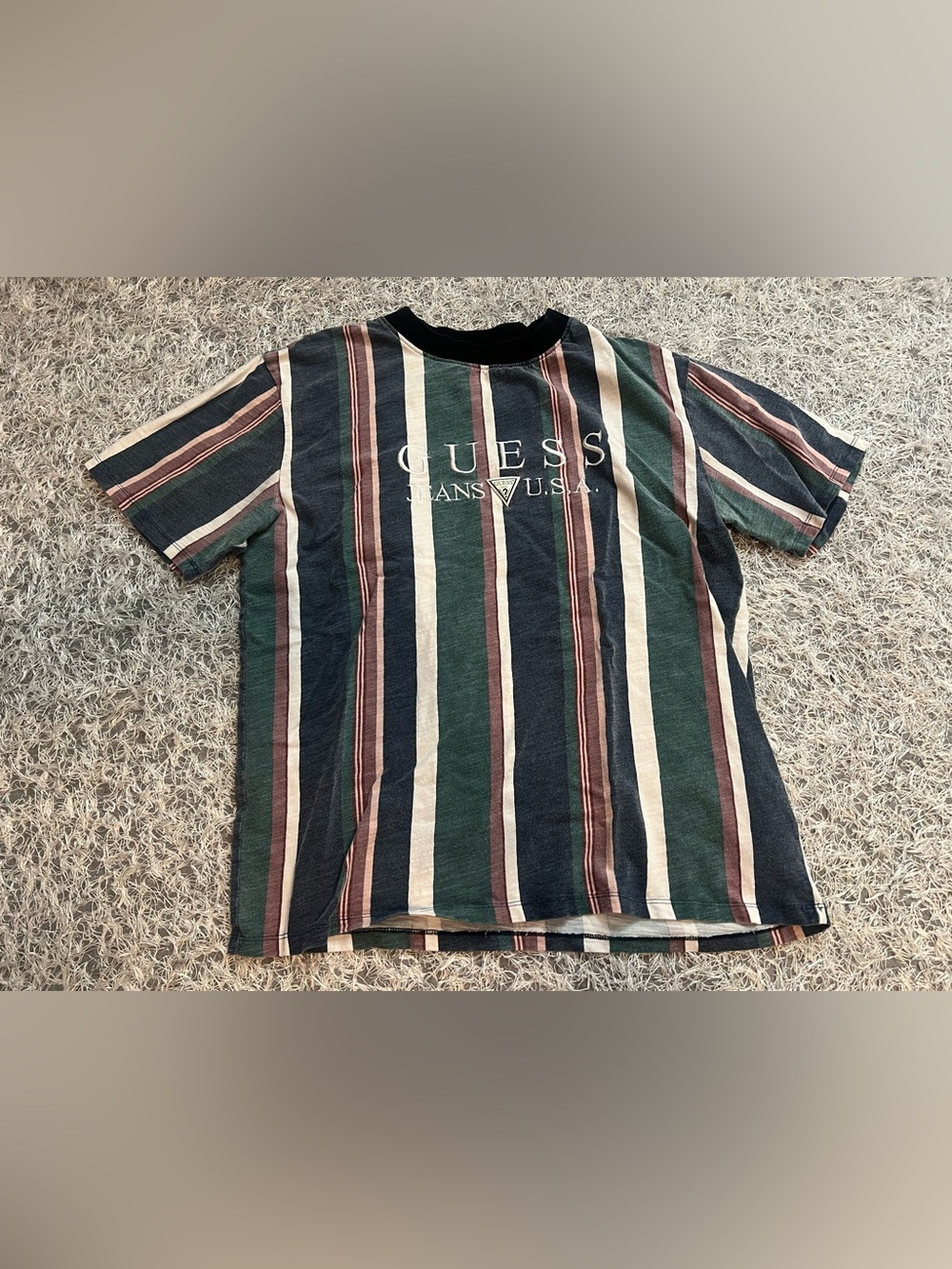 Vintage Guess Striped Long Sleeve Shirt in Green, Navy & Cream Size Small